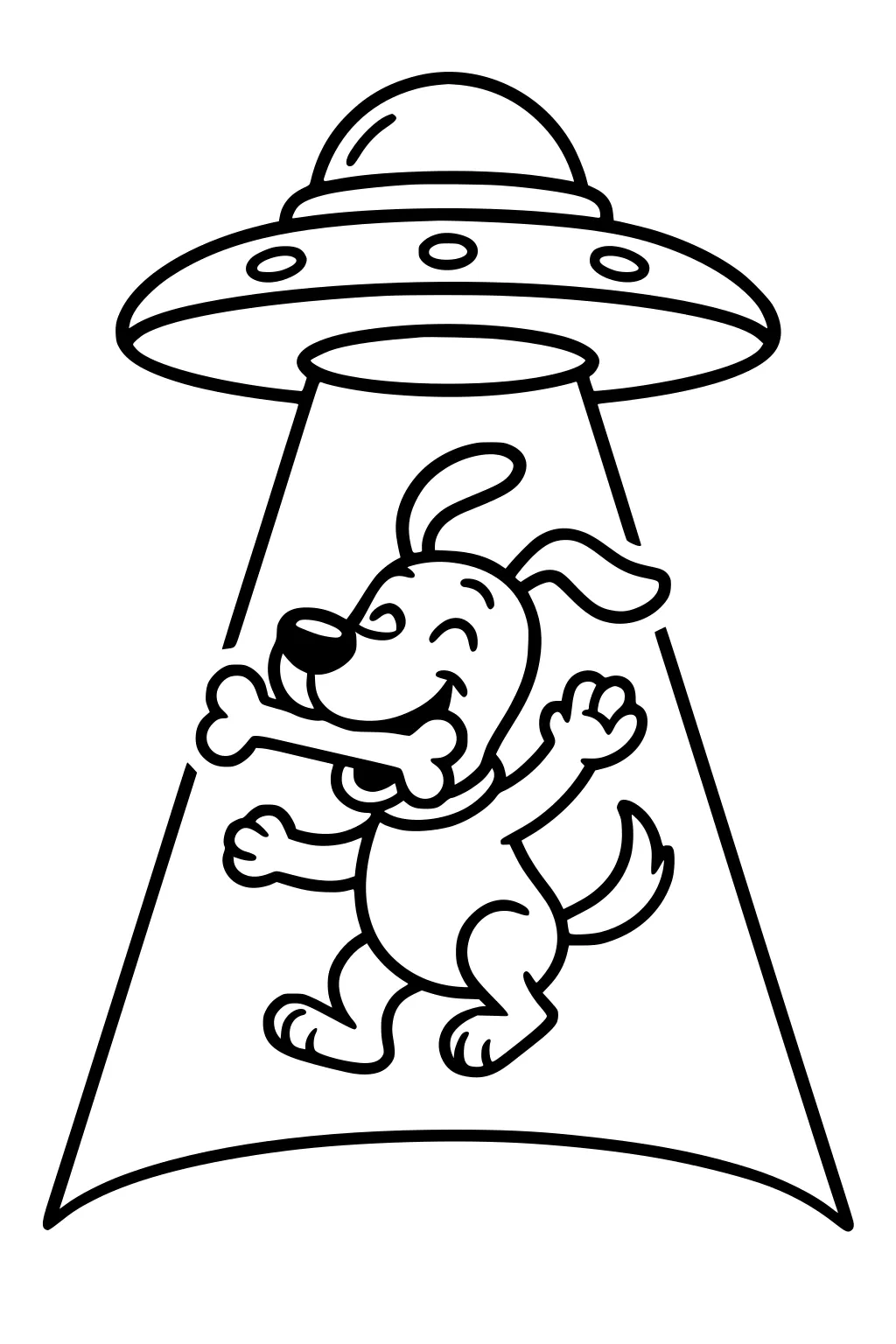 Cartoon UFO shines a beam lifting a smiling dog with a bone, floppy ears, wagging tail, collar; round ship windows and dome shown.