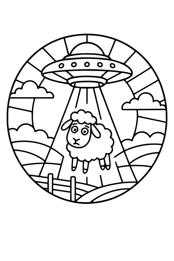 Free UFO Sheep Coloring Page - Farm Tractor Beam Scene (Printable PDF)