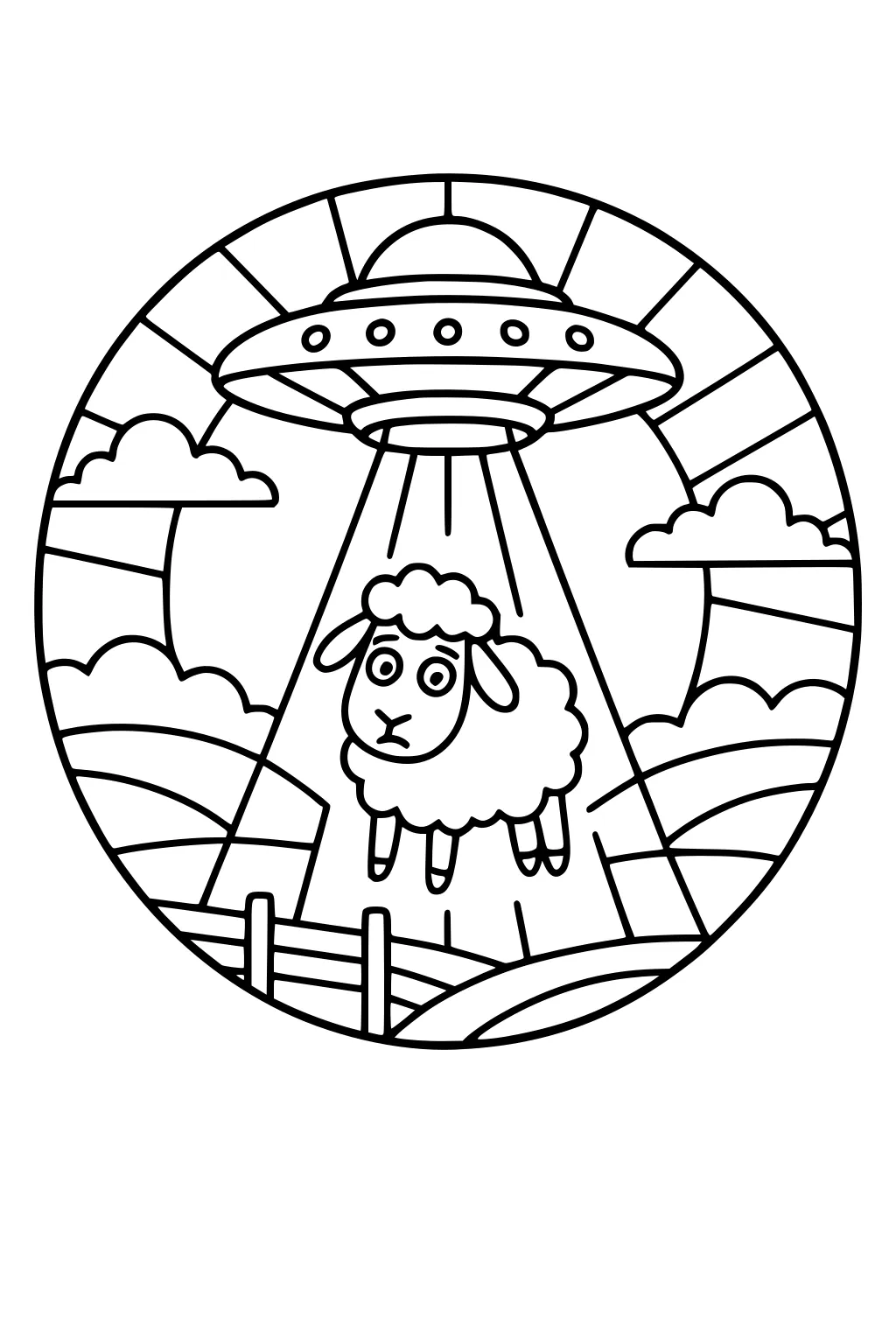 UFO shines a tractor beam over farm hills, lifting a wide-eyed sheep above a fence, with clouds inside a circular frame.