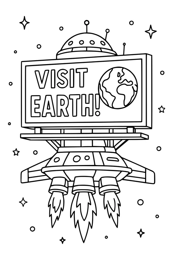 Free UFO Coloring Page - Visit Earth Space Billboard (Printable PDF)