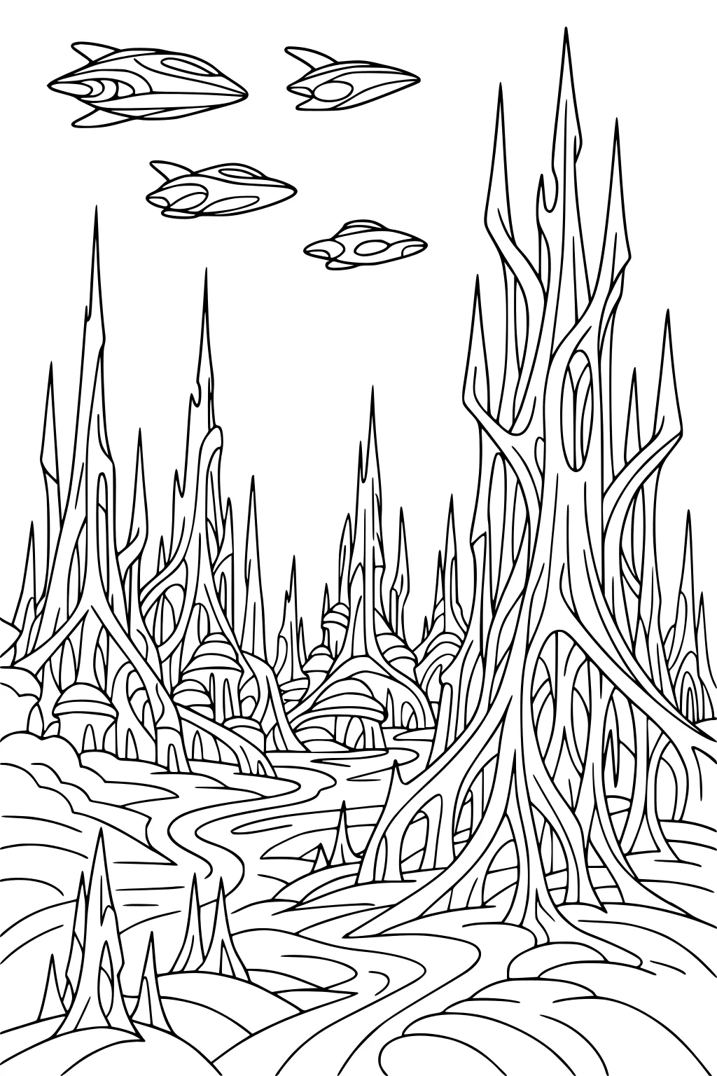 Alien planet with tall spiky towers, winding path and hills, five UFOs flying overhead above organic arches and peaks.