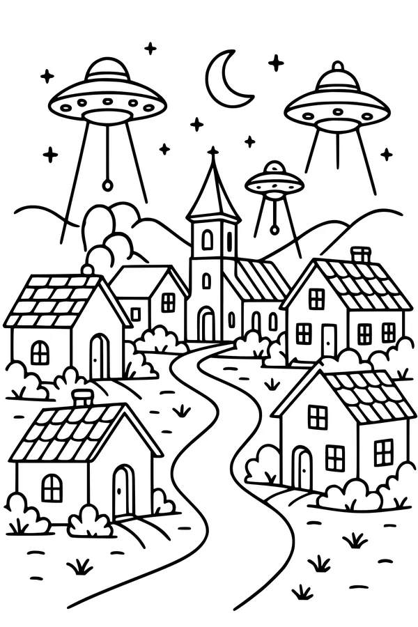 Free UFOs Coloring Page - Spaceships Over Moonlit Village (Printable PDF)