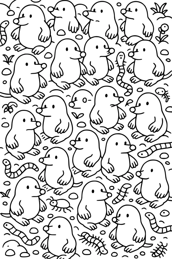 Free Mole Coloring Page - Cartoon Moles With Worm Friends (Printable PDF)