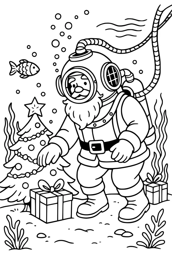 Free Santa Claus Coloring Page - Underwater Christmas Tree Scene (Printable PDF)