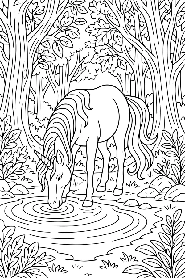 Free Unicorn Coloring Page - Drinking From a Forest Pond (Printable PDF)