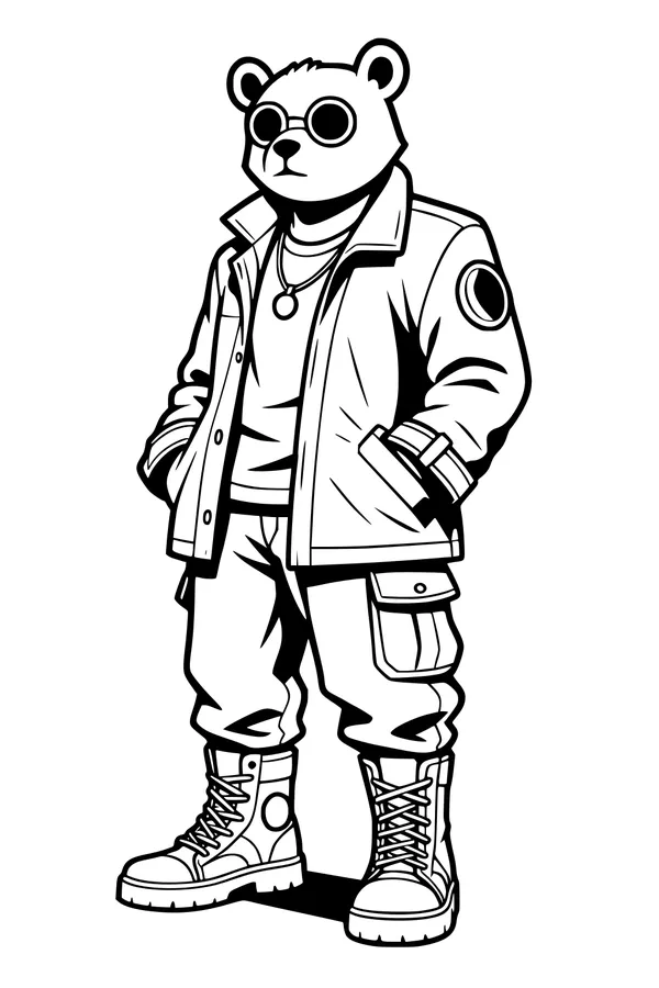 Free Bear Coloring Page - Cool Bear in Sunglasses and Streetwear (Printable PDF)