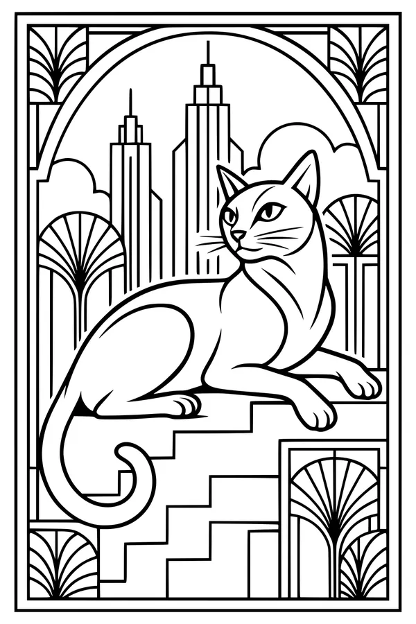 Free Cat Coloring Page - City Staircase With Art Deco Skyscrapers (Printable PDF)