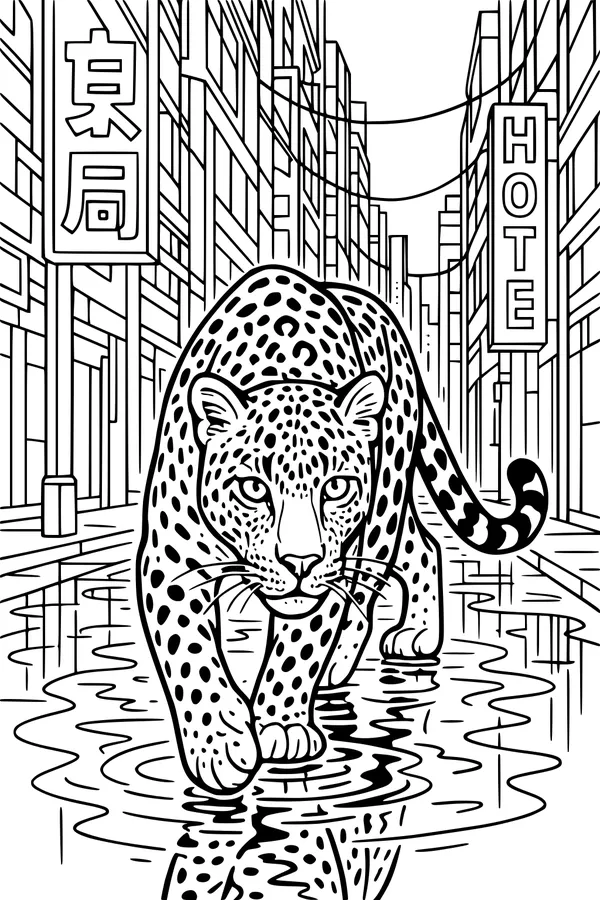 Free Leopard Coloring Page - Walking Through Shiny City Streets (Printable PDF)