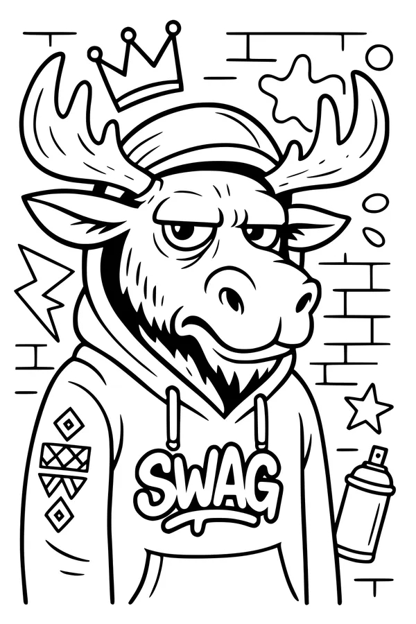 Free Moose Coloring Page - Urban Graffiti Swag Style (Printable PDF)