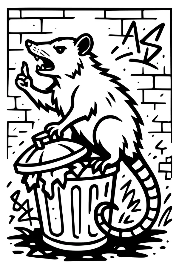 Free Opossum Coloring Page - Trash Can Boss in City Alley (Printable PDF)