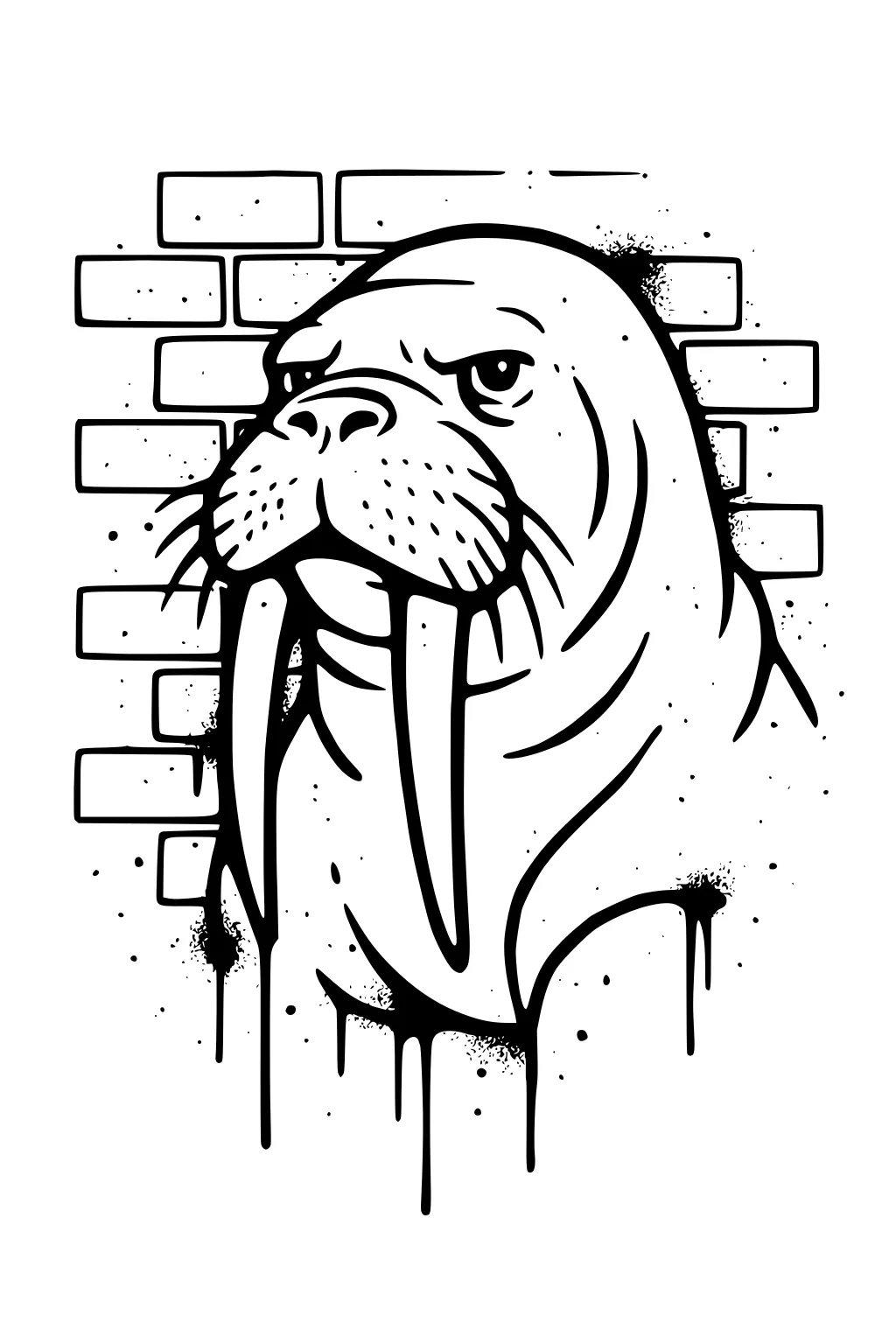 Walrus face with long tusks and whiskers in front of a brick wall, drawn in bold lines with dripping graffiti effects.
