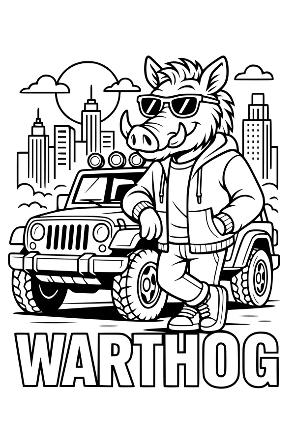 Free Warthog Coloring Page - Cool City Warthog With Jeep (Printable PDF)
