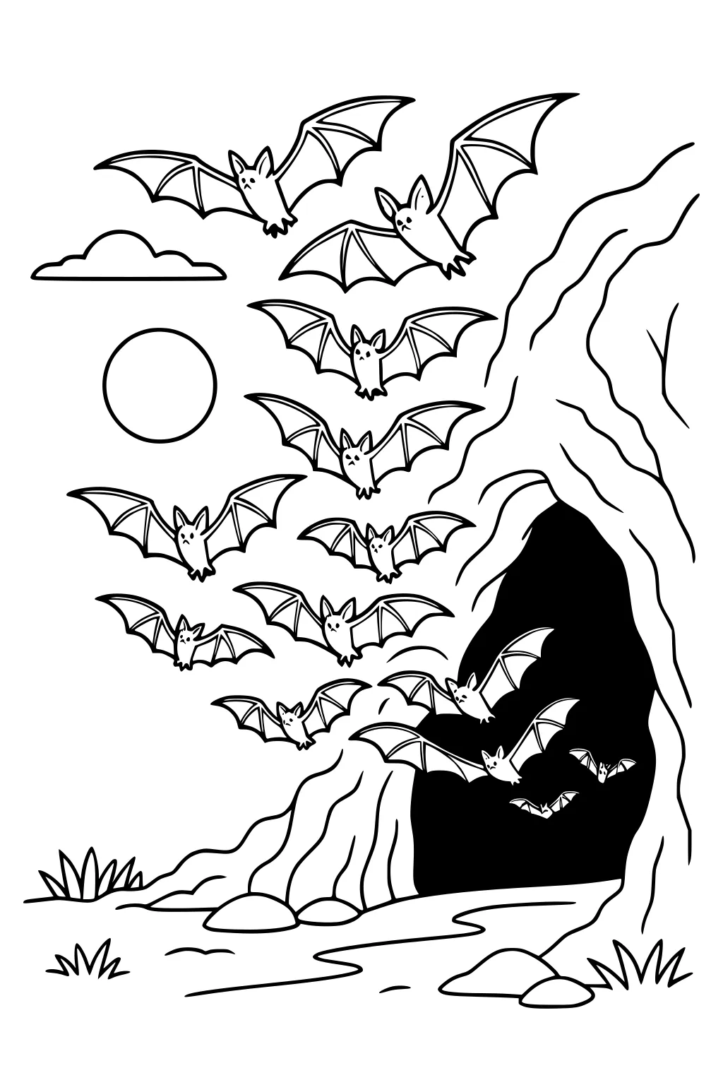 Cartoon vampire bats flying out of a dark cave with a round moon, cloud, rocks, and grass; bold outlines for kids to color.