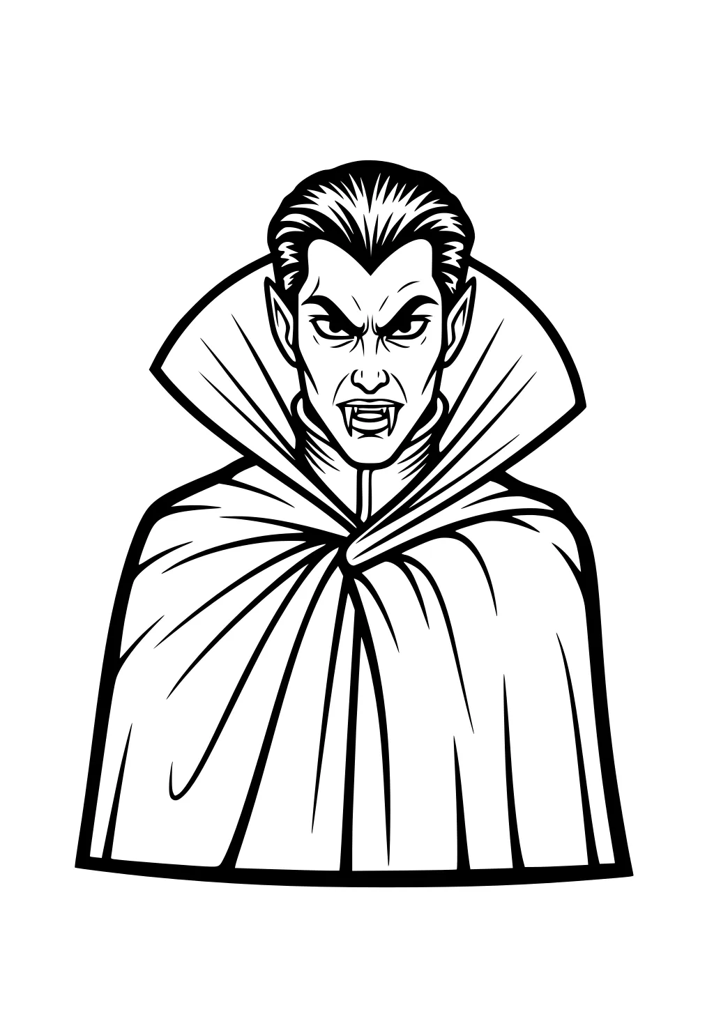 Bust portrait of a vampire with slicked hair, pointed ears, fangs, and a high-collared cape with flowing folds.