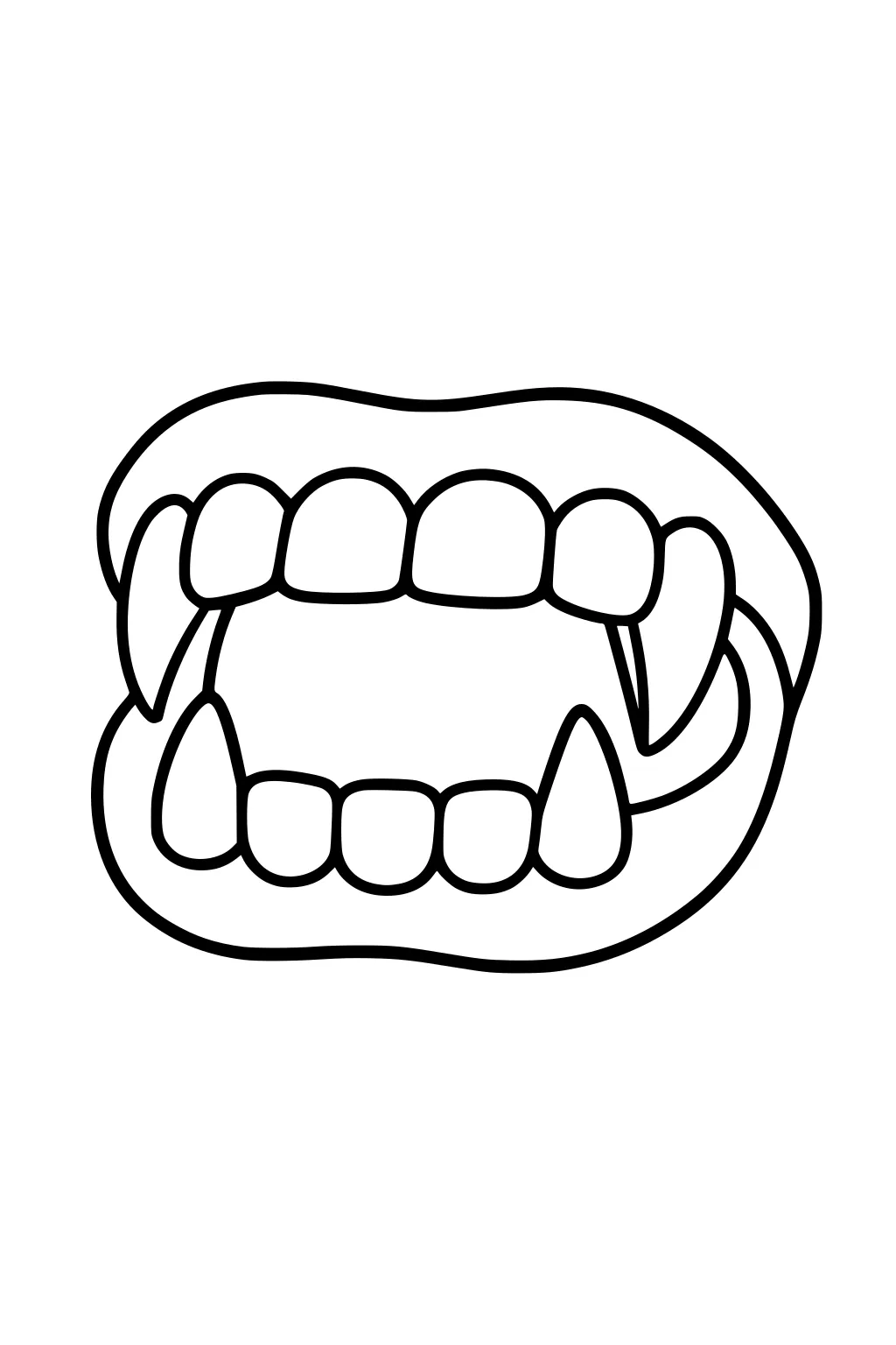 Open vampire mouth with upper and lower fangs, rounded teeth, and wide lips outlined in bold lines.