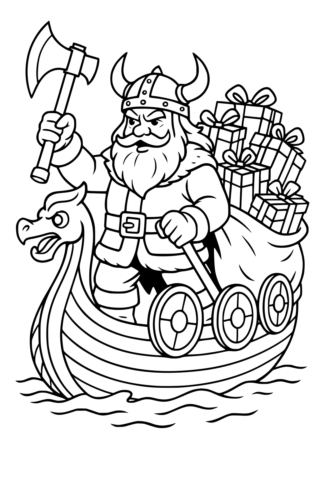 Santa in a Viking helmet on a dragon boat, axe raised, sack of wrapped presents behind him, round shields along the hull.