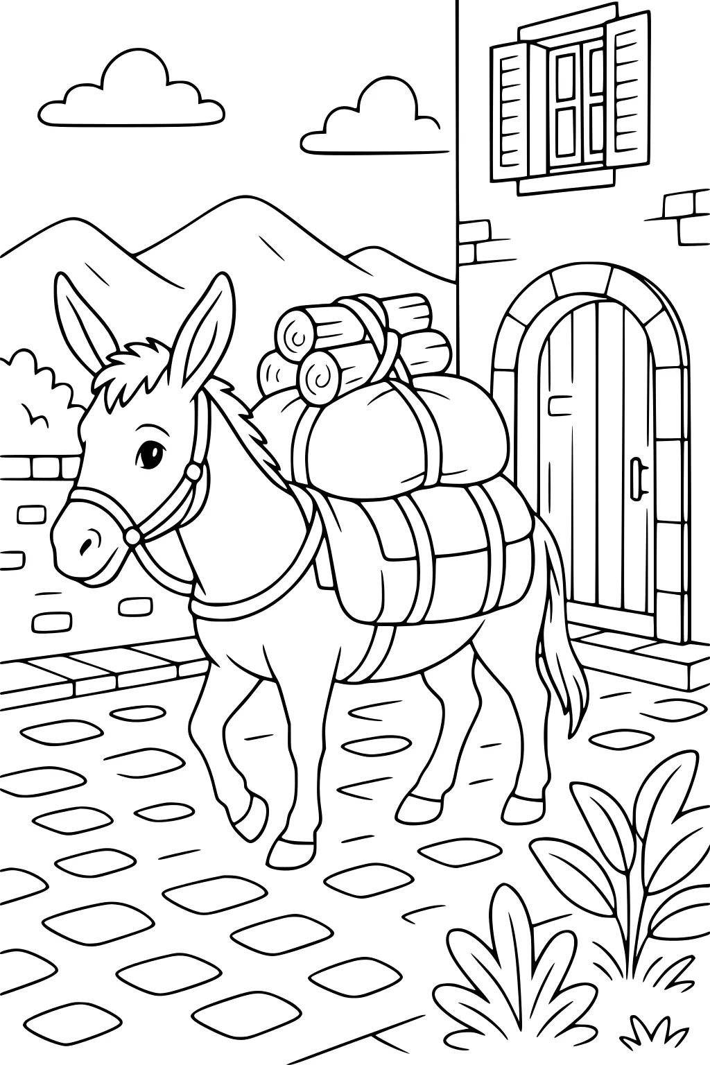 Donkey with bundles on its back walking on a stone path beside a house, mountains and clouds in the background.
