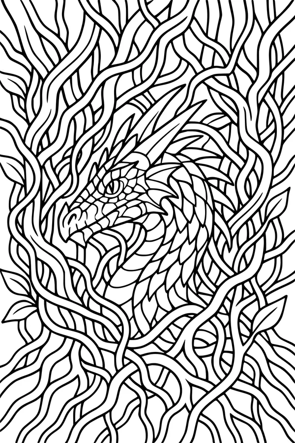 Free Dragon Coloring Page - Watchful Forest Dragon Head Among Vines (Printable PDF)