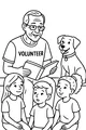 Free Retirement Story Time Coloring Page - Senior Volunteer Reading With Kids and Dog (Printable PDF)