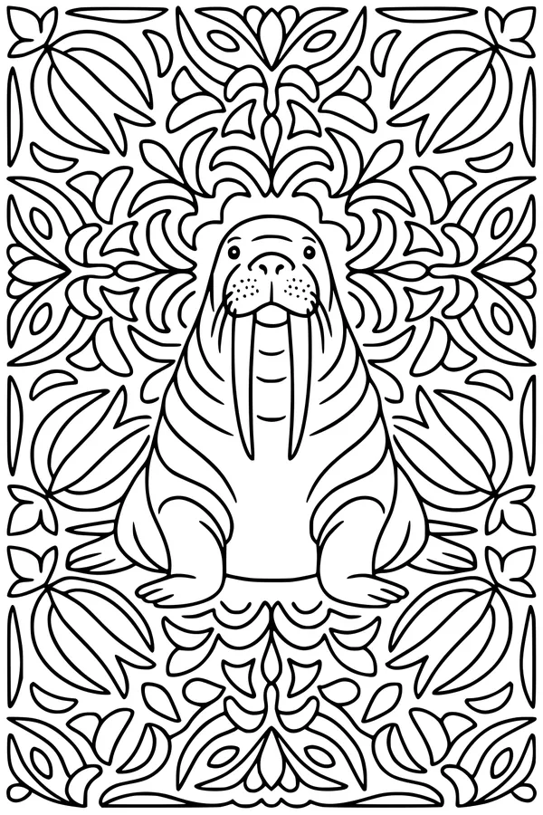Free Walrus Coloring Page - Whiskery Walrus in Floral Garden (Printable PDF)