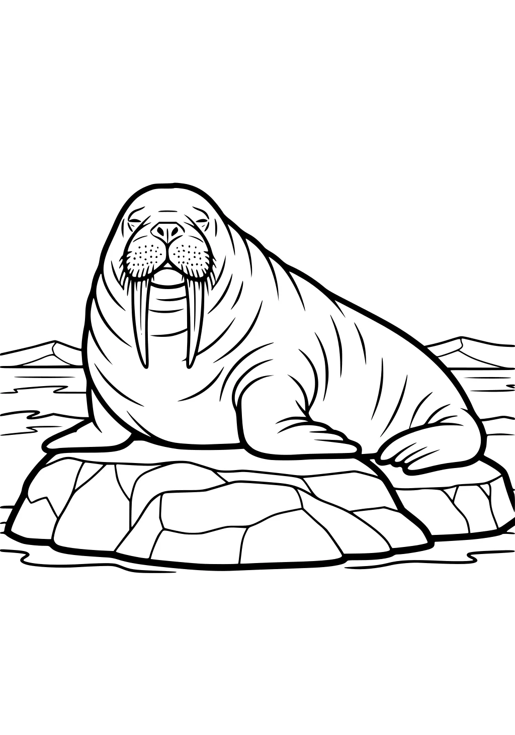 Walrus with long tusks lying on a rocky ice floe, distant snowy hills and water behind.