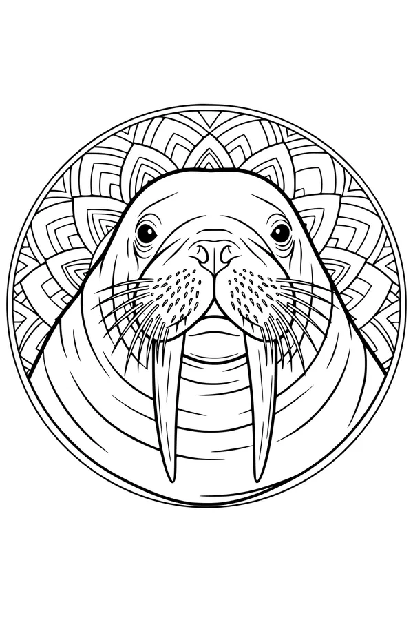 Free Walrus Coloring Page - Whiskered Face With Tusks (Printable PDF)