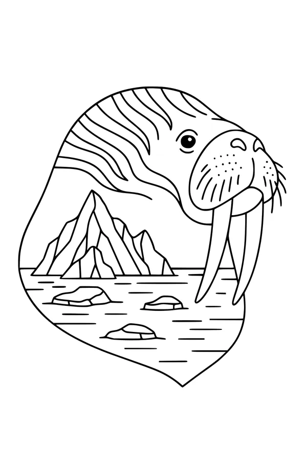 Free Walrus Coloring Page - Smiling Walrus With Long Tusks in Icy Sea (Printable PDF)