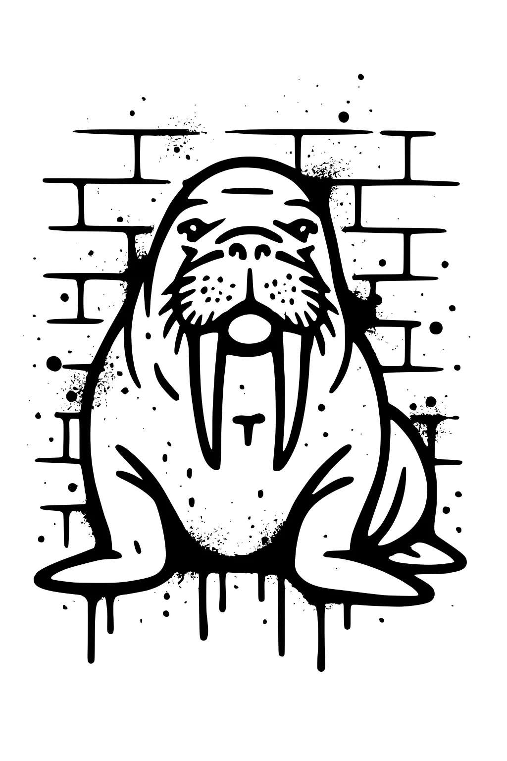 Walrus with long tusks in front of a brick wall, graffiti splatters around its body.