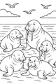 Free Walrus Coloring Page - Big Walrus Family on the Beach (Printable PDF)