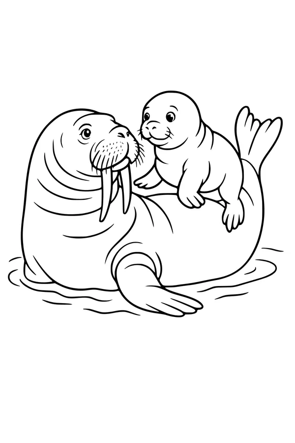 Free Walrus Coloring Page - Parent And Baby In Shallow Water (Printable PDF)