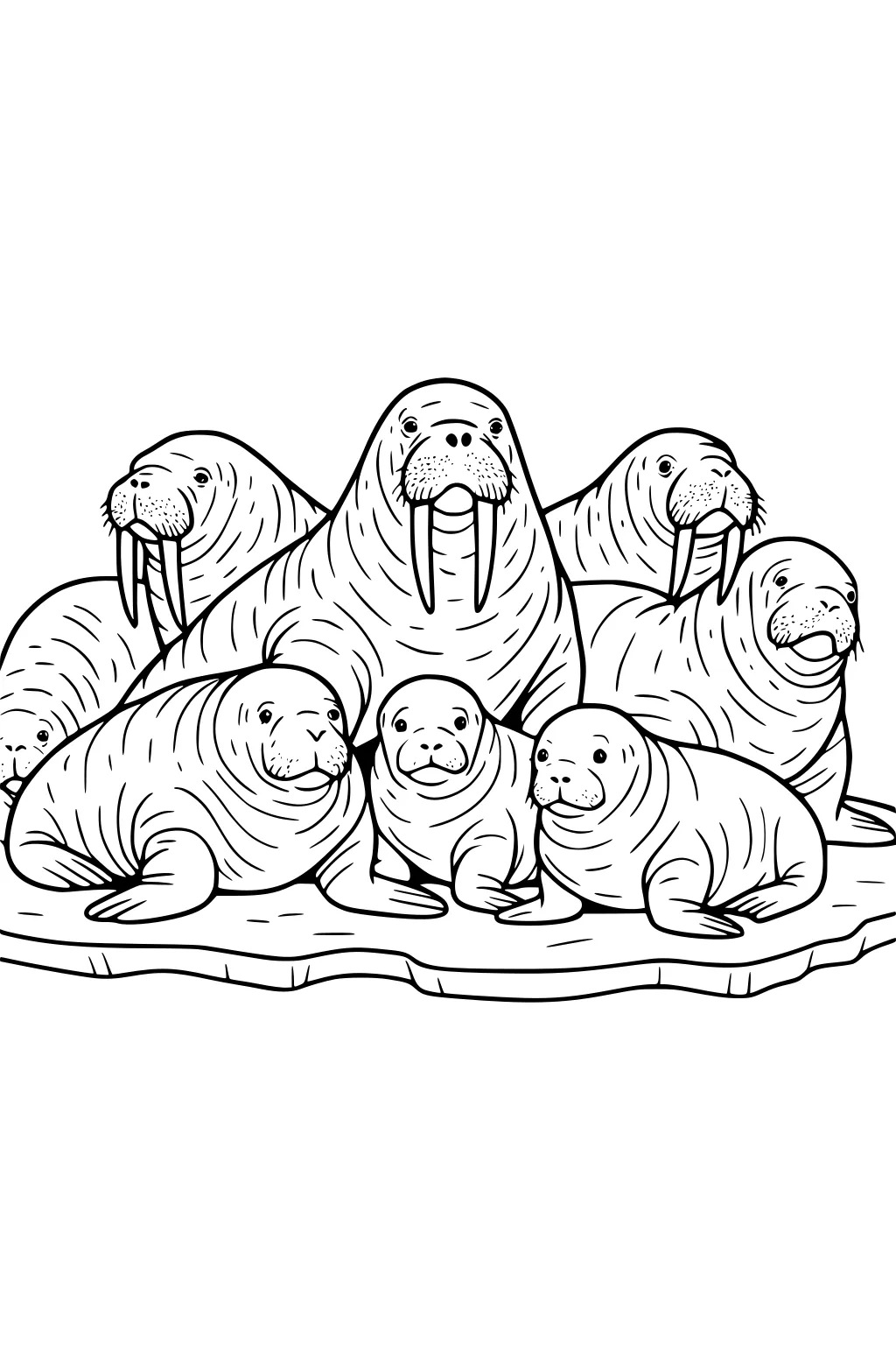 Seven walruses, with tusks and wrinkled bodies, sit closely together on a patch of ice. Two young walruses are at the front.