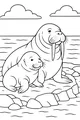 Free Walrus Coloring Page - Mother Walrus With Calf on Rocky Shore (Printable PDF)