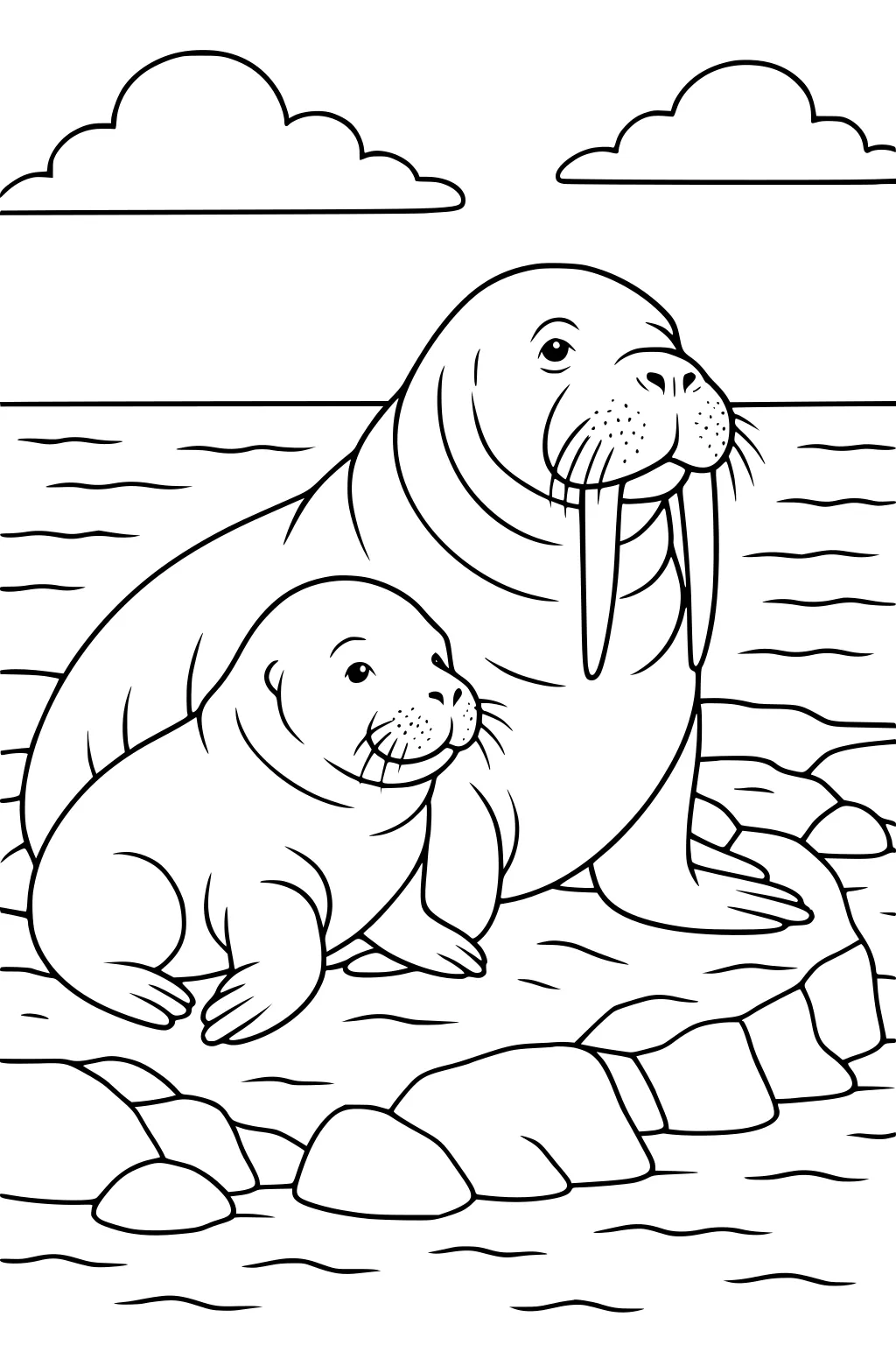 Mother walrus and her calf sitting on rocky shore, ocean waves and big clouds in the background.