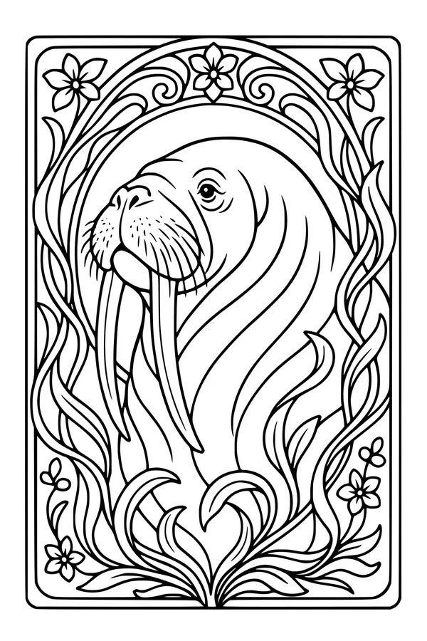 Free Walrus Coloring Page - Gentle Giant in a Swirly Flower Garden (Printable PDF)