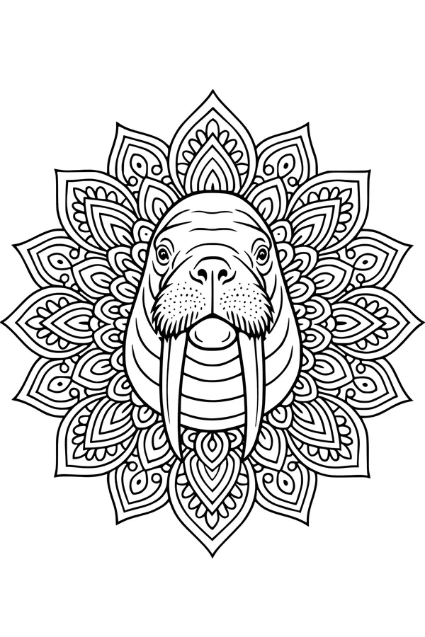 Free Walrus Coloring Page - Mandala Walrus Face With Long Tusks (Printable PDF)