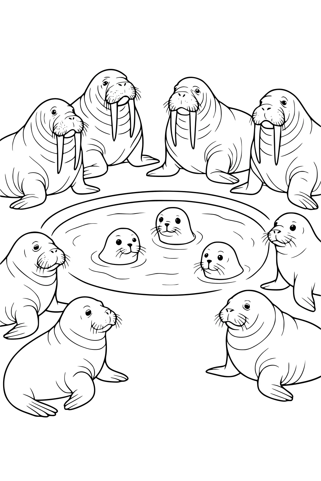 Nine walruses gathered around a pond with three young walrus pups swimming in the center.