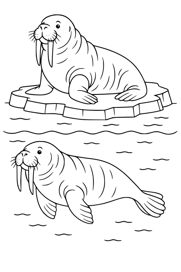 Free Walrus Coloring Page - Two Walrus Friends on Arctic Ice (Printable PDF)