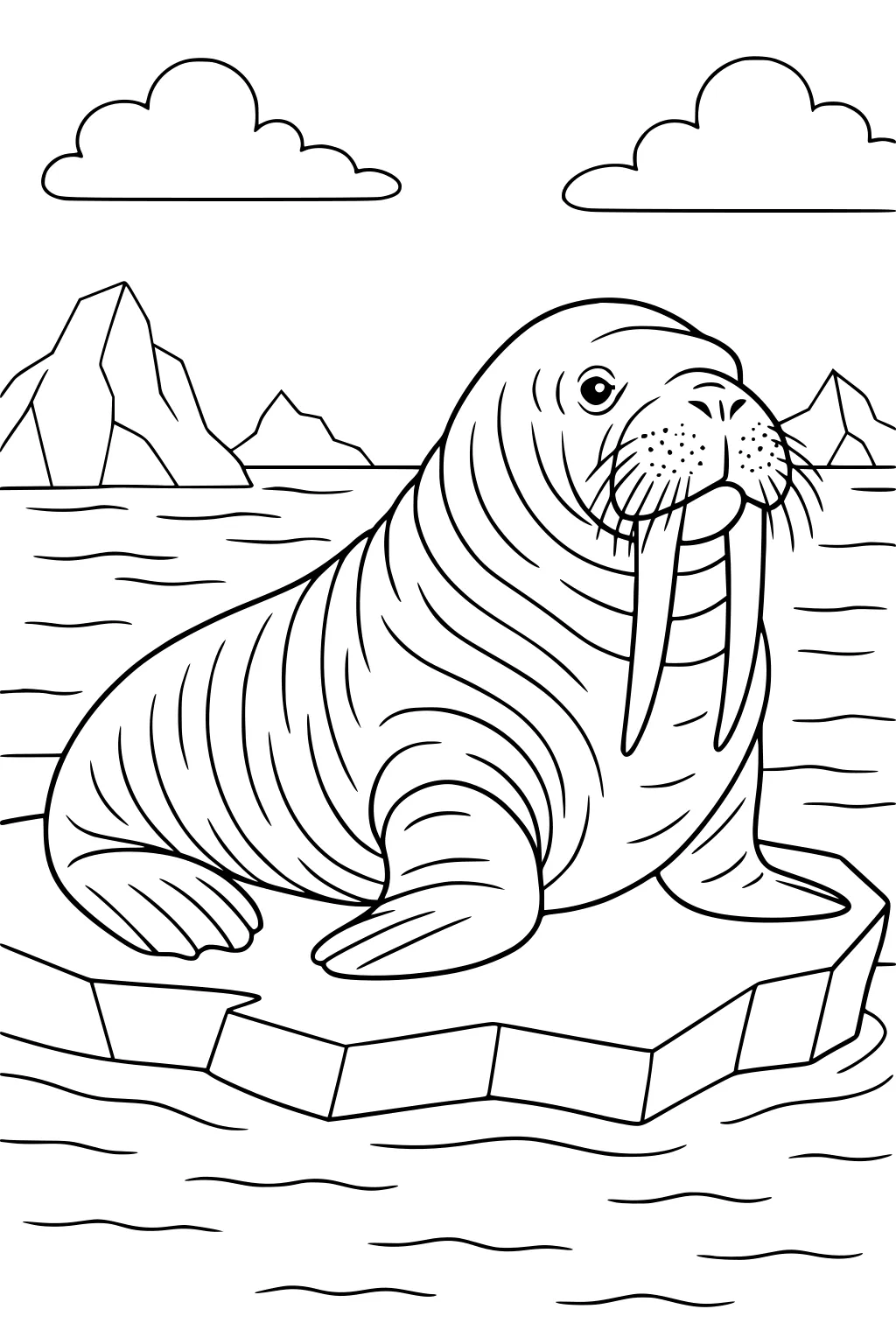 Walrus sitting on ice, with tusks, mountains and water in the background, two clouds above.