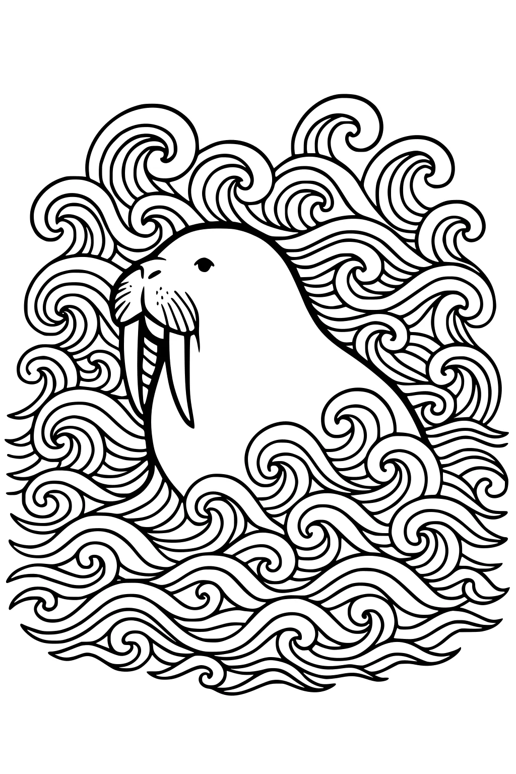 Walrus with long tusks in the middle of many swirling ocean waves, outlined in black and white.