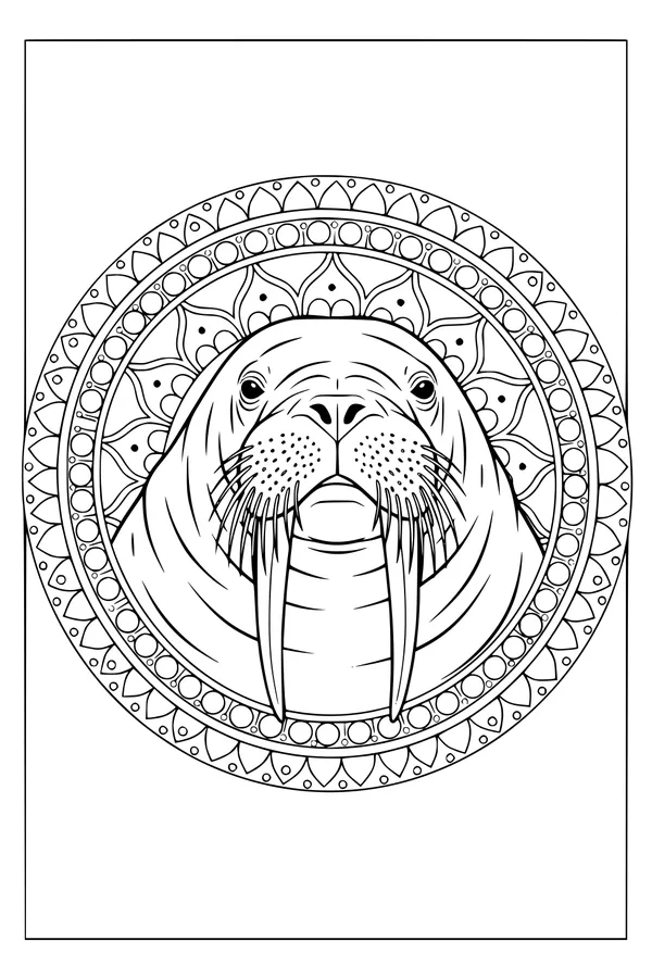 Free Walrus Coloring Page - Mandala Walrus Face With Big Tusks (Printable PDF)