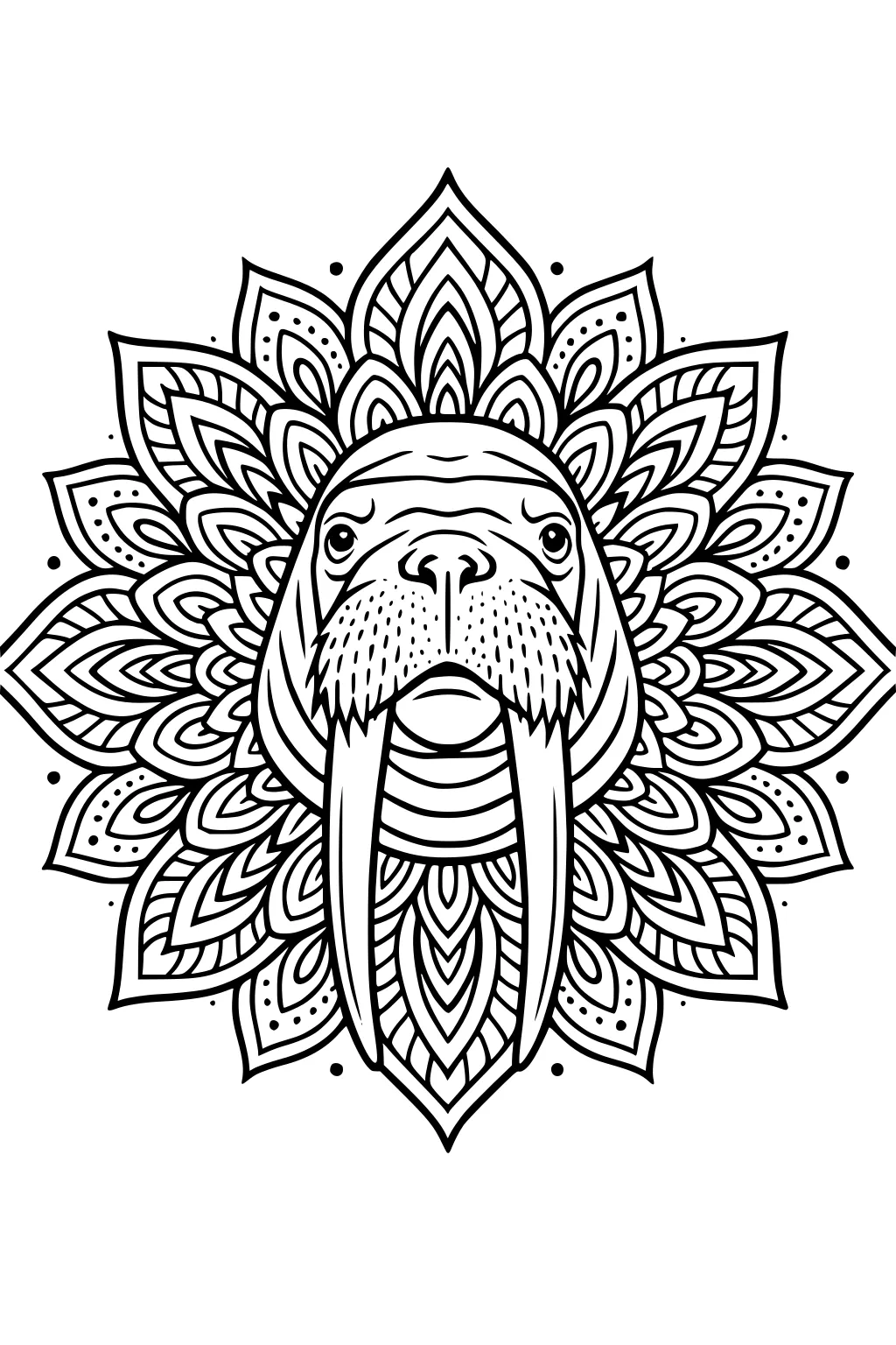 Walrus face with tusks in the center of a large, intricate mandala pattern.