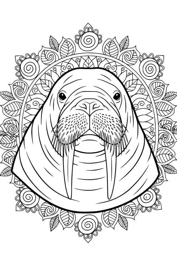 Free Walrus Coloring Page - Mandala Leaves and Flowers (Printable PDF)