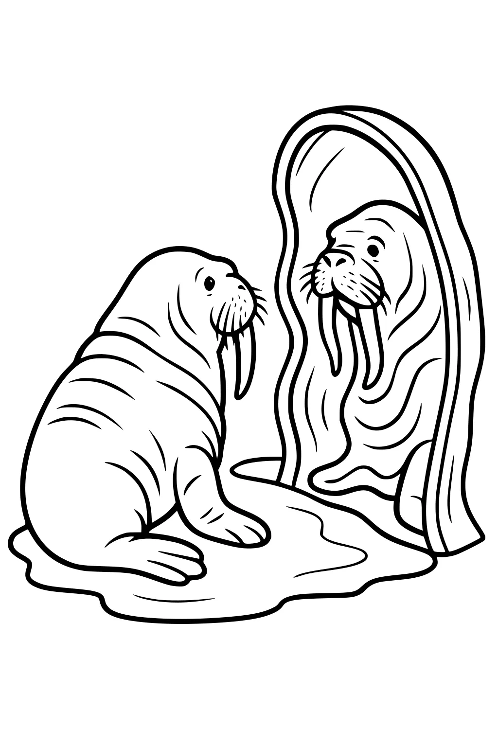 A walrus sits on a puddle, looking at its reflection in a tall, wavy mirror with visible lines and details.
