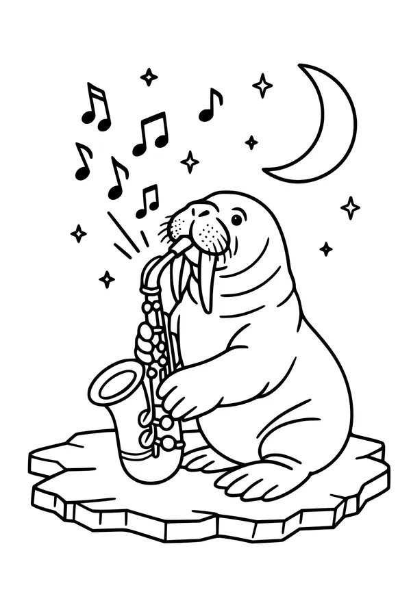 Free Walrus Coloring Page - Saxophone Jazz Under the Moon (Printable PDF)