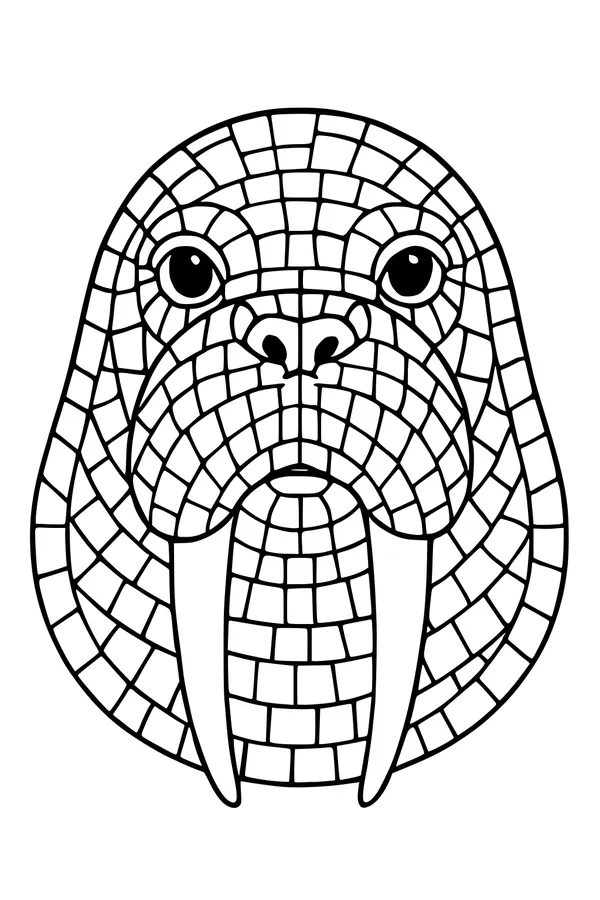Free Walrus Coloring Page - Mosaic Face With Big Tusks (Printable PDF)