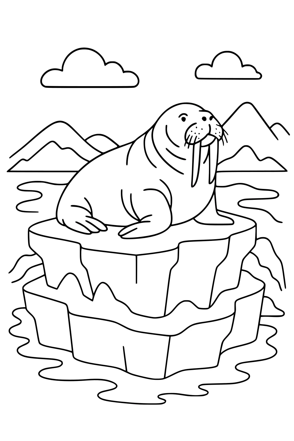 Walrus with long tusks sitting on iceberg in water, mountains and clouds in the background.