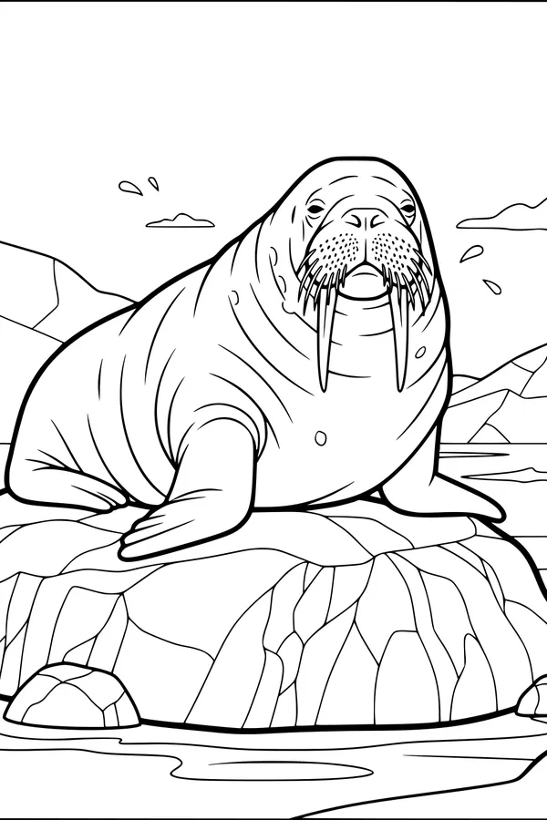Free Walrus Coloring Page - Grand Walrus on Rocky Arctic Shore (Printable PDF)