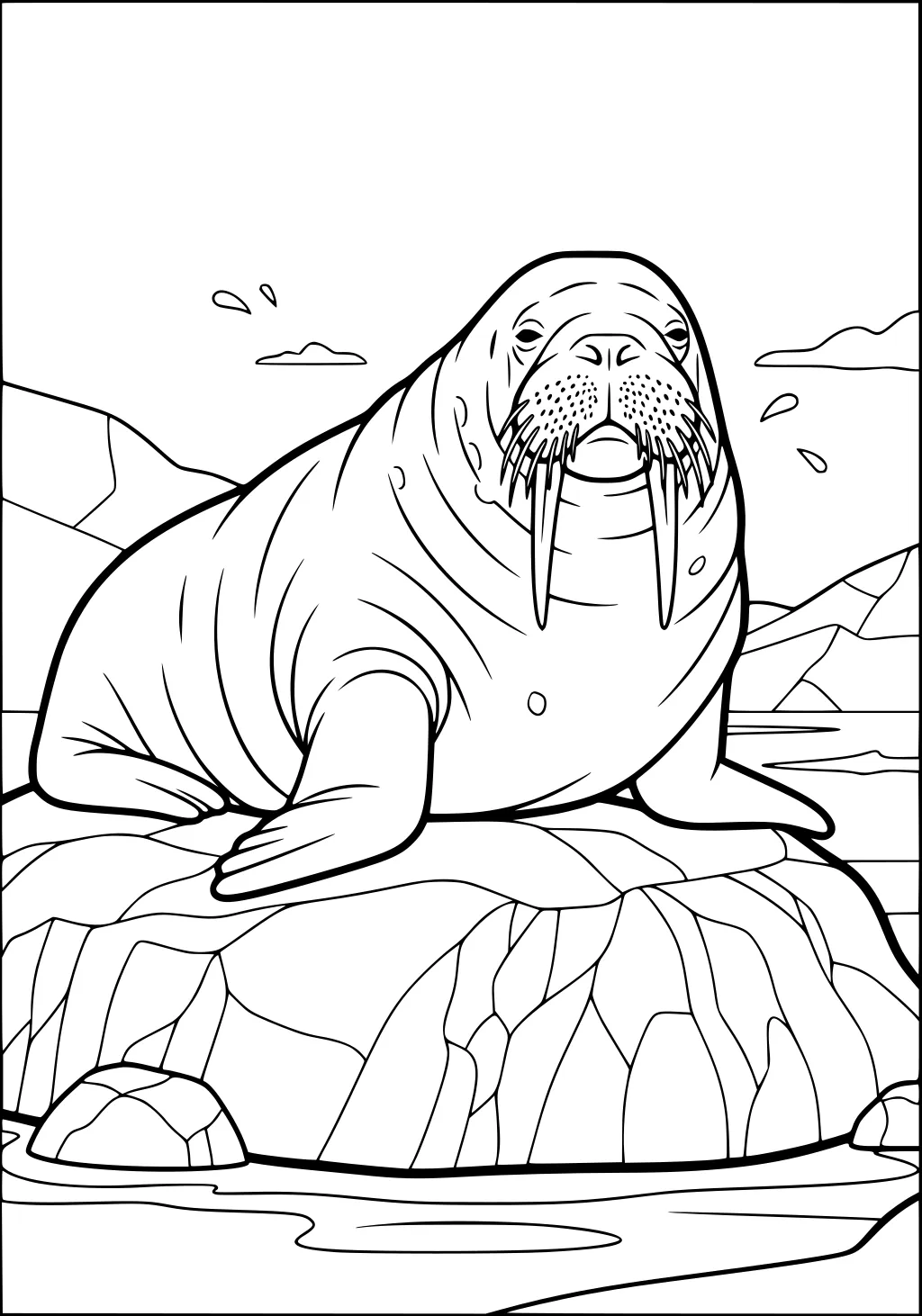 Walrus with big tusks lying on a rock surrounded by water and mountains in the background.