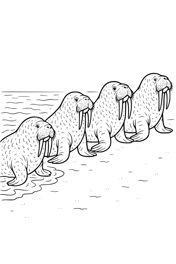 Free Walrus Coloring Page - Four Walruses on a Sandy Beach (Printable PDF)