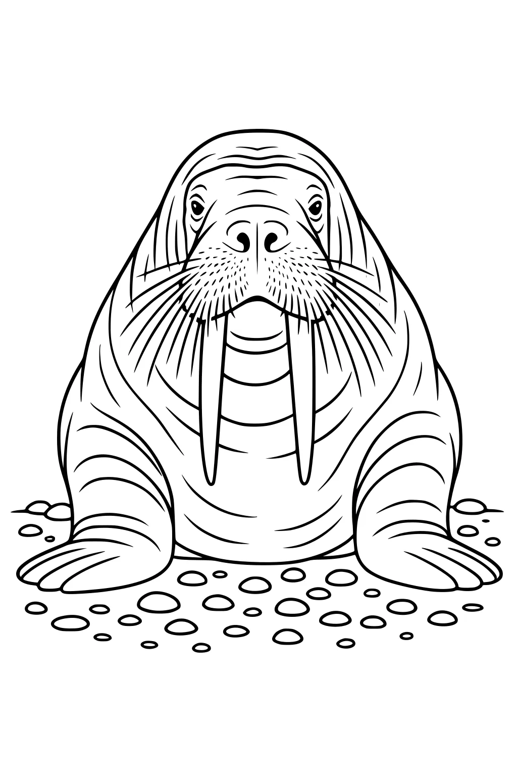 Walrus with long tusks and wrinkled skin sits on a pebble-covered ground, seen from the front.